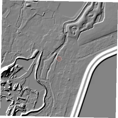 Shaded relief map of the ground around SL39PE, computed from Environment Agency LiDAR. The ground here sits at about 19 m above sea level and falls 19 m across the surrounding 800 m. Surface water reaching this point runs off ground lying to the north-north-east, 5.0 m higher.