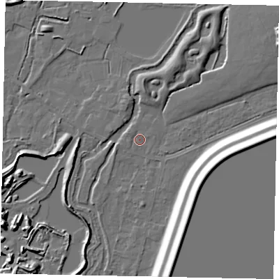 Shaded relief map of the ground around SL39PG, computed from Environment Agency LiDAR. The ground here sits at about 19 m above sea level and falls 16 m across the surrounding 800 m. Surface water reaching this point runs off ground lying to the west-north-west, 1.1 m higher.