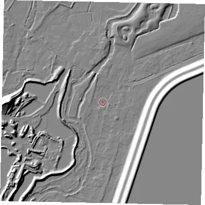 Shaded relief map of the ground around SL39PH, computed from Environment Agency LiDAR. The ground here sits at about 18 m above sea level and falls 19 m across the surrounding 800 m. Surface water reaching this point runs off ground lying to the east-north-east, 15.0 m higher.