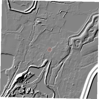 Shaded relief map of the ground around SL39PJ, computed from Environment Agency LiDAR. The ground here sits at about 19 m above sea level and falls 19 m across the surrounding 800 m. Surface water reaching this point runs off ground lying to the east, 1.4 m higher.