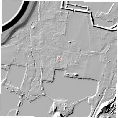 Shaded relief map of the ground around SL39PP, computed from Environment Agency LiDAR. The ground here sits at about 18 m above sea level and falls 20 m across the surrounding 800 m. Surface water reaching this point runs off ground lying to the north-east, 5.8 m higher.