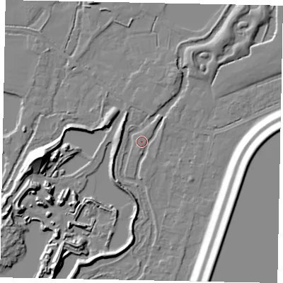 Shaded relief map of the ground around SL39PQ, computed from Environment Agency LiDAR. The ground here sits at about 19 m above sea level and falls 19 m across the surrounding 800 m. Surface water reaching this point runs off ground lying to the north-east, 5.0 m higher.