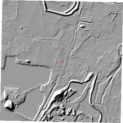Shaded relief map of the ground around SL39PW, computed from Environment Agency LiDAR. The ground here sits at about 19 m above sea level and falls 19 m across the surrounding 800 m. Surface water reaching this point runs off ground lying to the west, 1.2 m higher.