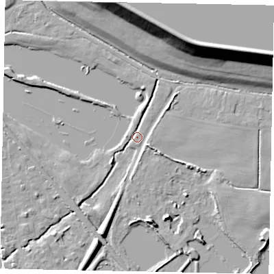 Shaded relief map of the ground around SL39QA, computed from Environment Agency LiDAR. The ground here sits at about 17 m above sea level and falls 22 m across the surrounding 800 m. Surface water reaching this point runs off ground lying to the north-north-east, 2.5 m higher.