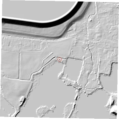 Shaded relief map of the ground around SL39QE, computed from Environment Agency LiDAR. The ground here sits at about 18 m above sea level and falls 20 m across the surrounding 800 m. Surface water reaching this point runs off ground lying to the south-west, 4.7 m higher.