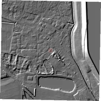 Shaded relief map of the ground around SL39QZ, computed from Environment Agency LiDAR. The ground here sits at about 18 m above sea level and falls 21 m across the surrounding 800 m. Surface water reaching this point runs off ground lying to the south-east, 2.7 m higher.