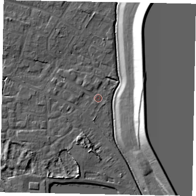 Shaded relief map of the ground around SL39RA, computed from Environment Agency LiDAR. The ground here sits at about 18 m above sea level and falls 21 m across the surrounding 800 m. Surface water reaching this point runs off ground lying to the north-west, 1.5 m higher.