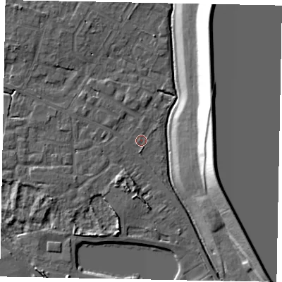 Shaded relief map of the ground around SL39RB, computed from Environment Agency LiDAR. The ground here sits at about 18 m above sea level and falls 21 m across the surrounding 800 m. Surface water reaching this point runs off ground lying to the south, 1.0 m higher.