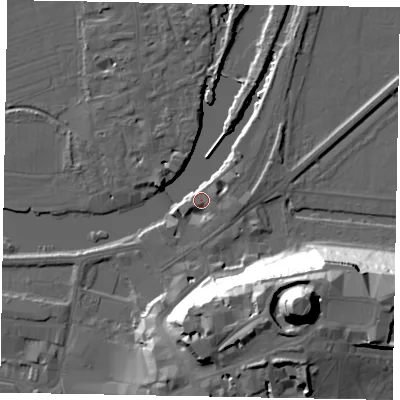 Shaded relief map of the ground around SL41AE, computed from Environment Agency LiDAR. The ground here sits at about 20 m above sea level and falls 48 m across the surrounding 800 m. Surface water reaching this point runs off ground lying to the west-south-west, 3.4 m higher.