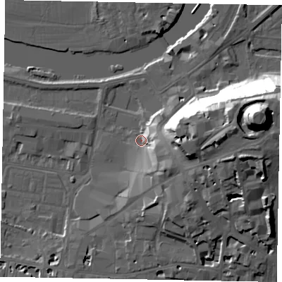 Shaded relief map of the ground around SL41AN, computed from Environment Agency LiDAR. The ground here sits at about 21 m above sea level and falls 47 m across the surrounding 800 m. Surface water reaching this point runs off ground lying to the east-south-east, 11.4 m higher.