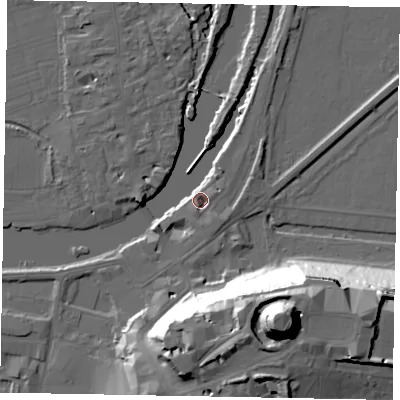 Shaded relief map of the ground around SL41BF, computed from Environment Agency LiDAR. The ground here sits at about 19 m above sea level and falls 48 m across the surrounding 800 m. Surface water reaching this point runs off ground lying to the south-east, 3.1 m higher.