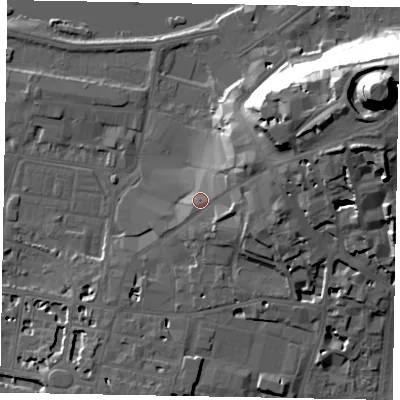 Shaded relief map of the ground around SL41DP, computed from Environment Agency LiDAR. The ground here sits at about 25 m above sea level and falls 45 m across the surrounding 800 m. Surface water reaching this point runs off ground lying to the east-north-east, 11.9 m higher.