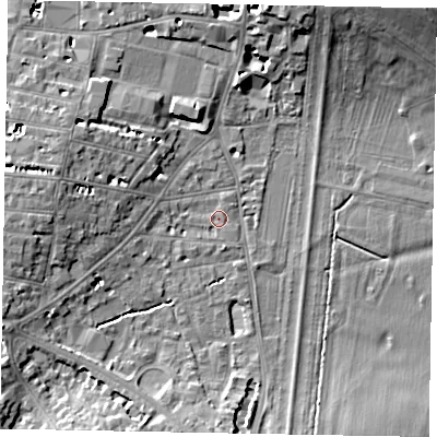Shaded relief map of the ground around SL41JF, computed from Environment Agency LiDAR. The ground here sits at about 21 m above sea level and falls 11 m across the surrounding 800 m. Surface water reaching this point runs off ground lying to the west, 6.4 m higher.