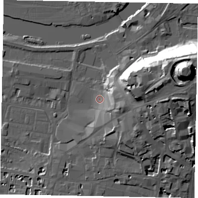 Shaded relief map of the ground around SL41PJ, computed from Environment Agency LiDAR. The ground here sits at about 22 m above sea level and falls 47 m across the surrounding 800 m. Surface water reaching this point runs off ground lying to the east-south-east, 12.2 m higher.