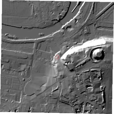 Shaded relief map of the ground around SL41PL, computed from Environment Agency LiDAR. The ground here sits at about 25 m above sea level and falls 47 m across the surrounding 800 m. Surface water reaching this point runs off ground lying to the east, 38.6 m higher.