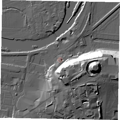 Shaded relief map of the ground around SL41PS, computed from Environment Agency LiDAR. The ground here sits at about 22 m above sea level and falls 47 m across the surrounding 800 m. Surface water reaching this point runs off ground lying to the south, 2.6 m higher.
