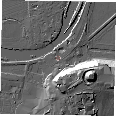 Shaded relief map of the ground around SL41PU, computed from Environment Agency LiDAR. The ground here sits at about 21 m above sea level and falls 48 m across the surrounding 800 m. Surface water reaching this point runs off ground lying to the east, 1.2 m higher.