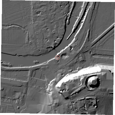 Shaded relief map of the ground around SL41PX, computed from Environment Agency LiDAR. The ground here sits at about 20 m above sea level and falls 48 m across the surrounding 800 m. Surface water reaching this point runs off ground lying to the north-east, 3.4 m higher.