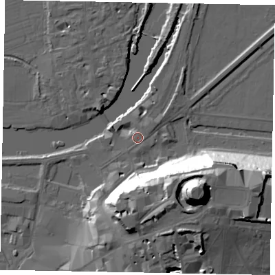 Shaded relief map of the ground around SL41QB, computed from Environment Agency LiDAR. The ground here sits at about 21 m above sea level and falls 48 m across the surrounding 800 m. Surface water reaching this point runs off ground lying to the north-east, 1.8 m higher.