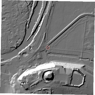Shaded relief map of the ground around SL41QE, computed from Environment Agency LiDAR. The ground here sits at about 20 m above sea level and falls 48 m across the surrounding 800 m. Surface water reaching this point runs off ground lying to the west-north-west, 2.2 m higher.