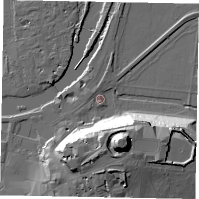 Shaded relief map of the ground around SL41QF, computed from Environment Agency LiDAR. The ground here sits at about 20 m above sea level and falls 48 m across the surrounding 800 m. Surface water reaching this point runs off ground lying to the south-south-east, 44.6 m higher.