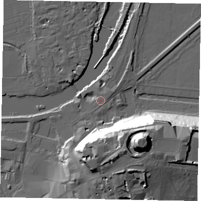 Shaded relief map of the ground around SL41QL, computed from Environment Agency LiDAR. The ground here sits at about 21 m above sea level and falls 48 m across the surrounding 800 m. Surface water reaching this point runs off ground lying to the north-east, 1.8 m higher.