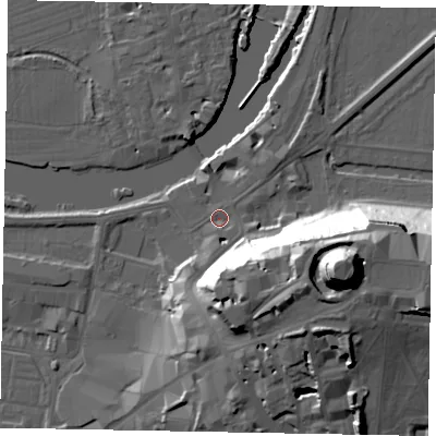 Shaded relief map of the ground around SL41QP, computed from Environment Agency LiDAR. The ground here sits at about 21 m above sea level and falls 48 m across the surrounding 800 m. Surface water reaching this point runs off ground lying to the south-south-west, 4.2 m higher.