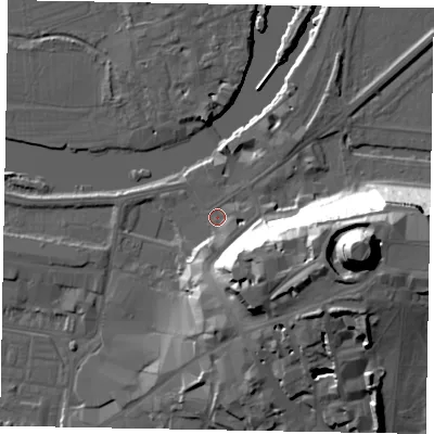 Shaded relief map of the ground around SL41QT, computed from Environment Agency LiDAR. The ground here sits at about 21 m above sea level and falls 47 m across the surrounding 800 m. Surface water reaching this point runs off ground lying to the south, 4.2 m higher.
