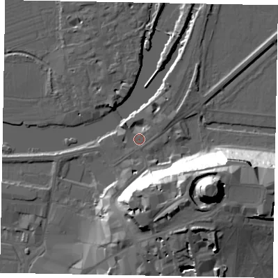 Shaded relief map of the ground around SL41QW, computed from Environment Agency LiDAR. The ground here sits at about 21 m above sea level and falls 48 m across the surrounding 800 m. Surface water reaching this point runs off ground lying to the north-west, 3.4 m higher.