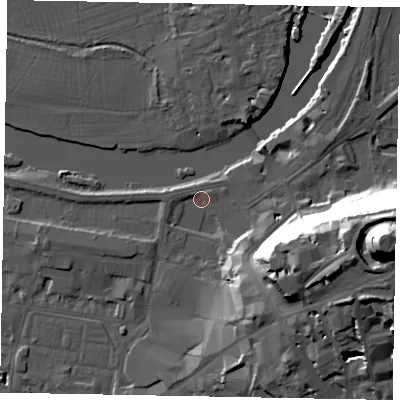 Shaded relief map of the ground around SL41QX, computed from Environment Agency LiDAR. The ground here sits at about 20 m above sea level and falls 48 m across the surrounding 800 m. Surface water reaching this point runs off ground lying to the south-south-east, 13.8 m higher.