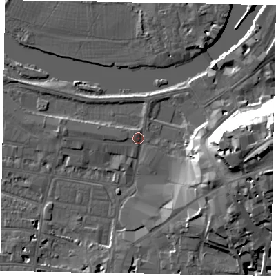 Shaded relief map of the ground around SL41QY, computed from Environment Agency LiDAR. The ground here sits at about 21 m above sea level and falls 33 m across the surrounding 800 m. Surface water reaching this point runs off ground lying to the east-south-east, 17.6 m higher.