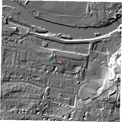 Shaded relief map of the ground around SL41QZ, computed from Environment Agency LiDAR. The ground here sits at about 21 m above sea level and falls 19 m across the surrounding 800 m. Surface water reaching this point runs off ground lying to the north-west, 1.0 m higher.