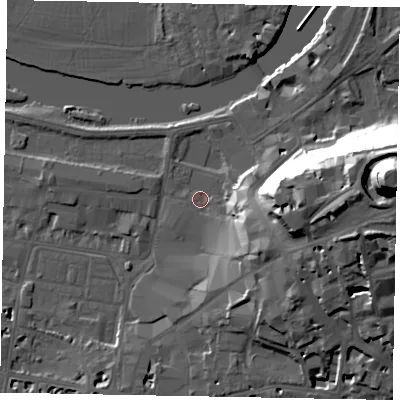 Shaded relief map of the ground around SL41RB, computed from Environment Agency LiDAR. The ground here sits at about 20 m above sea level and falls 47 m across the surrounding 800 m. Surface water reaching this point runs off ground lying to the east-south-east, 13.8 m higher.