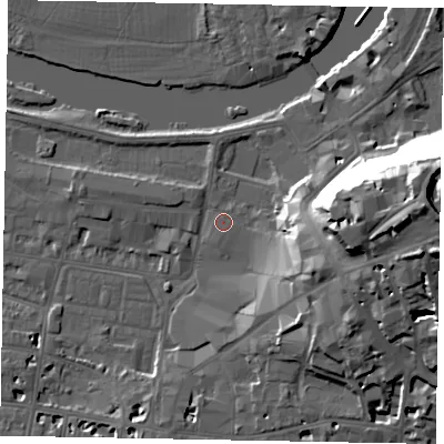 Shaded relief map of the ground around SL41RD, computed from Environment Agency LiDAR. The ground here sits at about 20 m above sea level and falls 35 m across the surrounding 800 m. Surface water reaching this point runs off ground lying to the east-south-east, 13.8 m higher.
