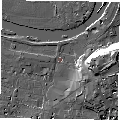 Shaded relief map of the ground around SL41RF, computed from Environment Agency LiDAR. The ground here sits at about 20 m above sea level and falls 35 m across the surrounding 800 m. Surface water reaching this point runs off ground lying to the east-south-east, 17.6 m higher.