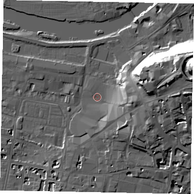 Shaded relief map of the ground around SL41RH, computed from Environment Agency LiDAR. The ground here sits at about 20 m above sea level and falls 47 m across the surrounding 800 m. Surface water reaching this point runs off ground lying to the east, 11.8 m higher.