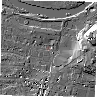 Shaded relief map of the ground around SL41RS, computed from Environment Agency LiDAR. The ground here sits at about 20 m above sea level and falls 27 m across the surrounding 800 m. Surface water reaching this point runs off ground lying to the east, 16.4 m higher.