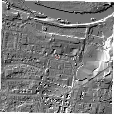 Shaded relief map of the ground around SL41RT, computed from Environment Agency LiDAR. The ground here sits at about 20 m above sea level and falls 15 m across the surrounding 800 m. Surface water reaching this point runs off ground lying to the east, 10.7 m higher.