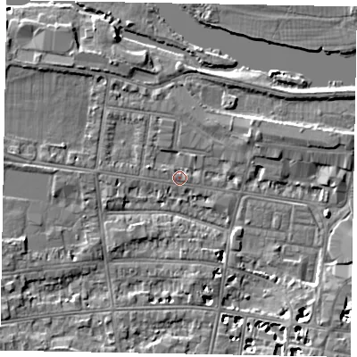 Shaded relief map of the ground around SL41RU, computed from Environment Agency LiDAR. The ground here sits at about 21 m above sea level and falls 6 m across the surrounding 800 m. Surface water reaching this point runs off ground lying to the north-east, 1.0 m higher.