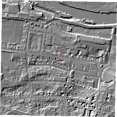 Shaded relief map of the ground around SL41RX, computed from Environment Agency LiDAR. The ground here sits at about 20 m above sea level and falls 7 m across the surrounding 800 m. Surface water reaching this point runs off ground lying to the south-south-east, 2.4 m higher.