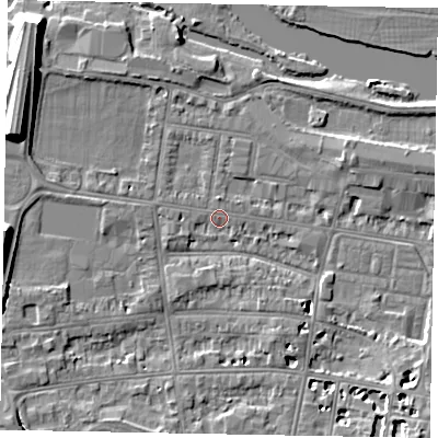 Shaded relief map of the ground around SL41RY, computed from Environment Agency LiDAR. The ground here sits at about 20 m above sea level and falls 10 m across the surrounding 800 m. Surface water reaching this point runs off ground lying to the west-south-west, 3.4 m higher.