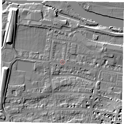 Shaded relief map of the ground around SL41RZ, computed from Environment Agency LiDAR. The ground here sits at about 20 m above sea level and falls 10 m across the surrounding 800 m. Surface water reaching this point runs off ground lying to the east-north-east, 0.8 m higher.