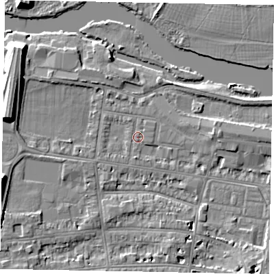 Shaded relief map of the ground around SL41SA, computed from Environment Agency LiDAR. The ground here sits at about 20 m above sea level and falls 10 m across the surrounding 800 m. Surface water reaching this point runs off ground lying to the south-south-east, 1.2 m higher.