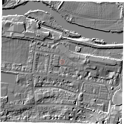 Shaded relief map of the ground around SL41SB, computed from Environment Agency LiDAR. The ground here sits at about 20 m above sea level and falls 8 m across the surrounding 800 m. Surface water reaching this point runs off ground lying to the east, 1.6 m higher.
