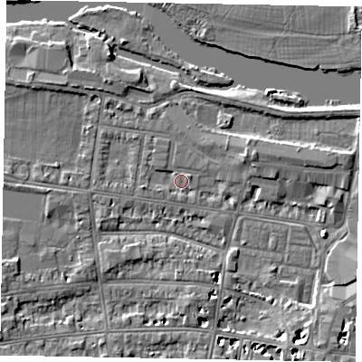 Shaded relief map of the ground around SL41SE, computed from Environment Agency LiDAR. The ground here sits at about 20 m above sea level and falls 6 m across the surrounding 800 m. Surface water reaching this point runs off ground lying to the east-north-east, 1.6 m higher.