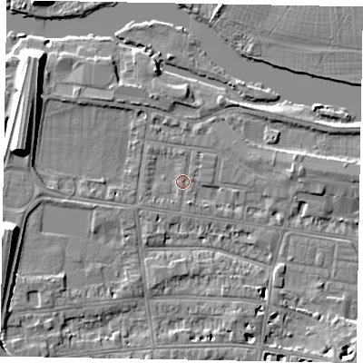 Shaded relief map of the ground around SL41SH, computed from Environment Agency LiDAR. The ground here sits at about 20 m above sea level and falls 10 m across the surrounding 800 m. Surface water reaching this point runs off ground lying to the south-south-east, 1.1 m higher.