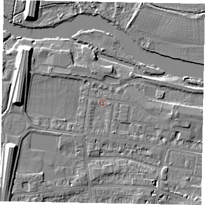 Shaded relief map of the ground around SL41SJ, computed from Environment Agency LiDAR. The ground here sits at about 20 m above sea level and falls 10 m across the surrounding 800 m. Surface water reaching this point runs off ground lying to the west, 7.9 m higher.