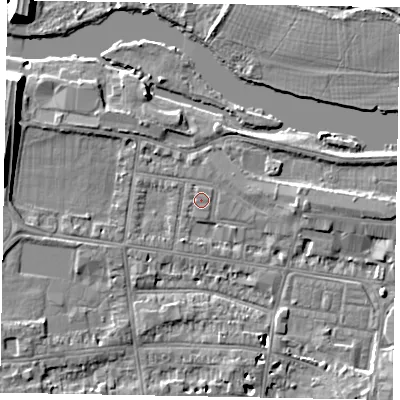 Shaded relief map of the ground around SL41SP, computed from Environment Agency LiDAR. The ground here sits at about 20 m above sea level and falls 9 m across the surrounding 800 m. The ground contributing surface water to this point lies to the east.
