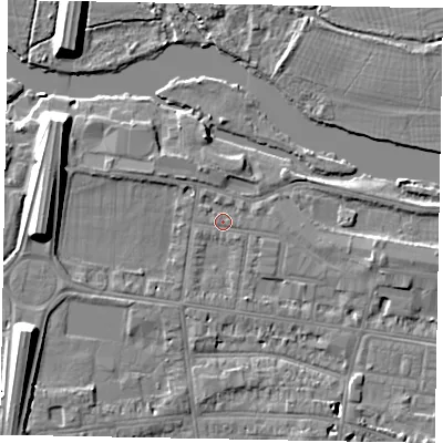 Shaded relief map of the ground around SL41SQ, computed from Environment Agency LiDAR. The ground here sits at about 20 m above sea level and falls 10 m across the surrounding 800 m. Surface water reaching this point runs off ground lying to the west, 7.9 m higher.