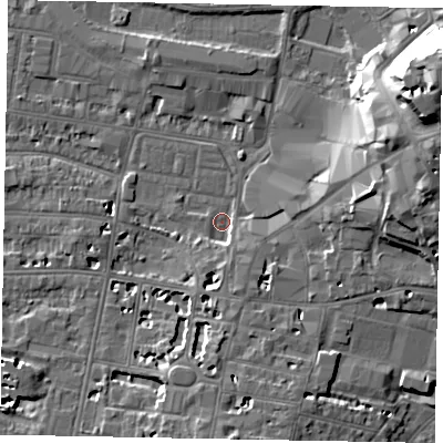Shaded relief map of the ground around SL41SR, computed from Environment Agency LiDAR. The ground here sits at about 20 m above sea level and falls 25 m across the surrounding 800 m. Surface water reaching this point runs off ground lying to the south-south-east, 3.4 m higher.